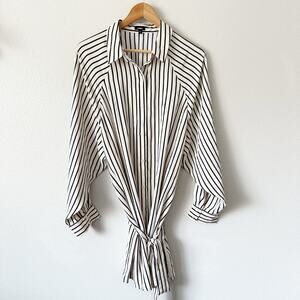 EXPRESS | White Black Vertical Stripe Shirt Tunic Belt Oversized | Size Large
